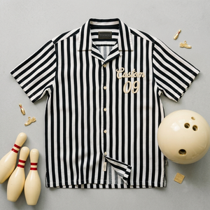 Men's Custom Black White Striped <b>Bowling</b> Shirt Camp Collar Button Down Embroidered Number Retro Short Sleeve for Streetwear Part - Product Image 1