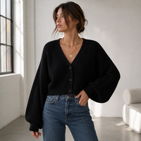Cardigan sur mesure pour femme, court, oversize, en tricot côtelé épais, col en V, boutonné, manches chauve-souris, en nylon et coton, OEM, vente en gros, commande en gros