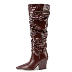 Bottes hautes plissées à talon compensé épais pour femme, coupe large, avec fermeture éclair latérale, grande taille 45 - Product Image 1