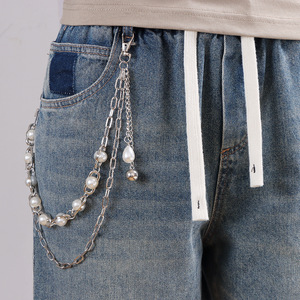 White K Double Layer Pearl Waist <b>Chain</b> For Men Denim Hip Hop Punk Style Daily Wear Fashion Body <b>Chain</b> - Product Image 2