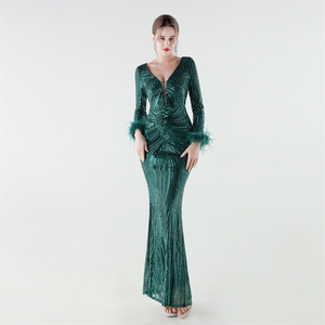 33850 #   Vestido de Noche de Manga Larga con Lentejuelas de Flores y Plumas de Avestruz, Estilo 2026 - Product Image 4