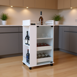 Carrito de Bar Depot E-SHOP, Isla de Cocina Blanca con Puerta de Vidrio, 2 Estantes Laterales, Ruedas, Diseño Moderno - Product Image 2