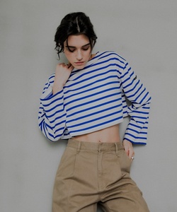 T-shirt classica a girocollo da <span class=keywords><strong>donna</strong></span> a righe nuova in cotone poliestere Casual con stampa larga con Logo in maglia a molla - Product Image 4