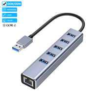 Concentrador USB 3,0 de aleación de aluminio 6 en 1 de alta calidad con adaptador LAN RJ45 Gigabit Ethernet para ordenador portátil/PC-en stock