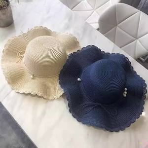 Estate donna alla moda versione coreana cappello di paglia a tesa larga Casual spiaggia protezione solare accenti di perle piccolo cartone animato solido fresco - Product Image 3