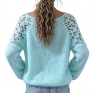 Pull en tricot duveteux pour femme - Haut à manches longues et col bateau avec empiècements en dentelle crochetée Sehe Fashion - Product Image 5