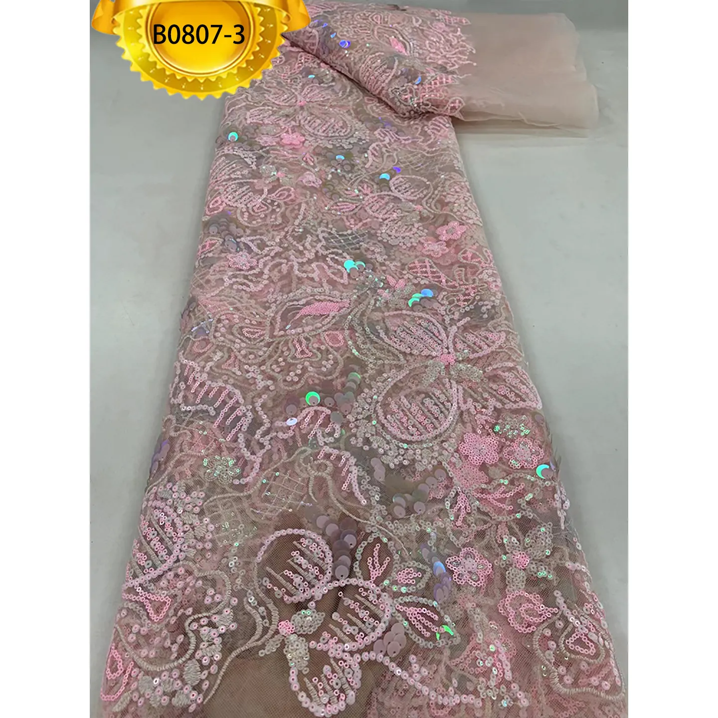 Großhandel Stickerei Tüll Phantasie rosa Perlen und Pailletten Spitze Stoff für Hochzeits kleid