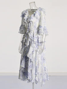 Romantico stile francese per le vacanze 2024 estate nuovo colletto a V <span class=keywords><strong>con</strong></span> tromba in corda lunga a <span class=keywords><strong>balze</strong></span>, vestito - Product Image 3