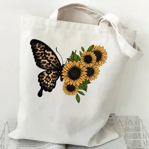 Sacs de courses réutilisables en toile imprimés tournesol et papillon, sacs à main décontractés et tendance, vente en gros - Product Image 2