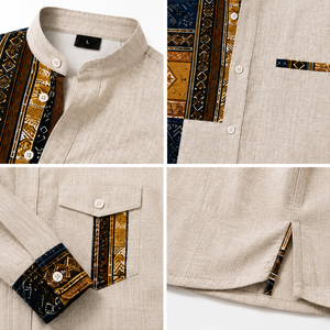 African Men's Casual <b>Shirts</b> <b>Patchwork</b> Ethnic Print Mandarin Collar Long Sleeve Cotton Linen Custom Logo Resort Wear - Product Image 3