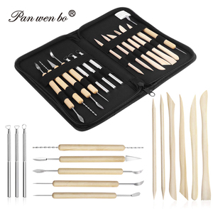 Panwenbo Ensemble d'outils de sculpture en céramique de 14 pièces avec manche en bois Outils en argile de poterie avec sac à fermeture éclair en toile pour fournitures d'art - Product Image 1