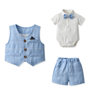 Conjunto <span class=keywords><strong>de</strong></span> ropa <span class=keywords><strong>de</strong></span> tres piezas informal <span class=keywords><strong>de</strong></span> verano <span class=keywords><strong>para</strong></span> niños pequeños, mono <span class=keywords><strong>de</strong></span> manga corta con lazo, <span class=keywords><strong>chaleco</strong></span> a cuadros, traje <span class=keywords><strong>de</strong></span> un solo pecho - Product Image 5
