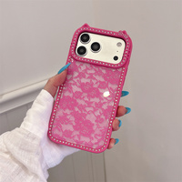 Coque de téléphone transparente vintage en dentelle florale avec strass scintillants et oreilles de chat pour iPhone 18 17 Pro Max 16 15 14, avec cordon perlé mat
