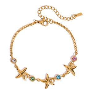 Bracelet à breloques étoile de mer plaqué or avec zircon coloré pour femme, bijoux cadeau - Product Image 1