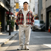 Veste décontractée oversize pour homme en flanelle à carreaux réversible avec fermeture éclair, doublure polaire et broderie de lettres, style streetwear