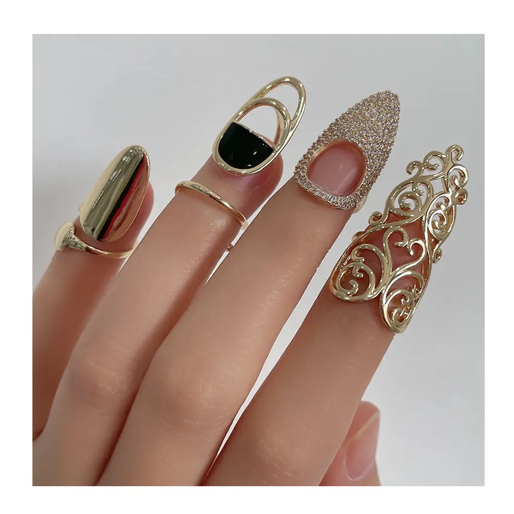 Hot bán Rhinestone đầy đủ kim cương có thể điều chỉnh xinh xắn Nail nhẫn trang sức 2023 Nail Cover nhẫn cho phụ nữ ngón tay Nail Nhẫn