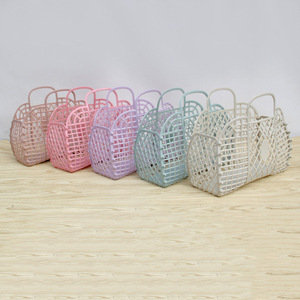 New Fashion Ins Designer Personalized Retro Vintage Foldable Plastic Jelly Basket Bag Summer Beach Tote Bag Handbag For Women