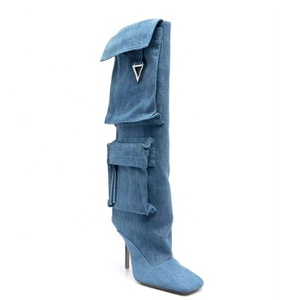 Women's Knee High Thin Heels Pockets Boots Square Toe on Stiletto Wide Fit <b>Long</b> Booties Denim Fabric Shoes - Product Image 5