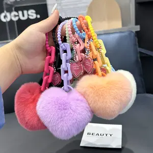 לב fluffy בצורת ארנב rex אמיתי פרווה 10 ס "מ pompom mom pom כדור מיני furry keychains כדור