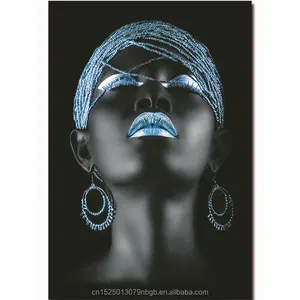 Black Background Blue Lips African American Woman Canvas Prints Stretched Wood Inner Frame Wall Art Painting Figure Portrait