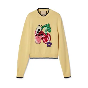 YT Women's Yellow Embroidered Cotton Sweatshirt Girls Knitted Tops