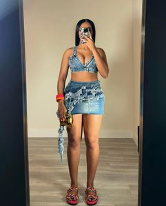 Summer <strong>Stretch</strong> <strong>Denim</strong> Two Pieces <strong>Skirt</strong> Set With v Neck <strong>Denim</strong> Top and Mini <strong>Denim</strong> <strong>Skirt</strong> - Product Image 3