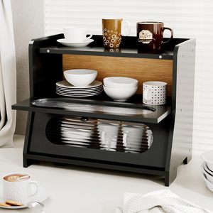 Bread Box Double Layer Black Bamboo With Transparent Window <b>Kitchen</b> Storage Desktop Organizer - Product Image 1