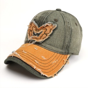 Distressed Denim Baseball <b>Cap</b> With Butterfly Applique For <b>Women</b> Casual Wear 100 Cotton Hat - Product Image 3