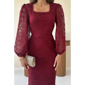 Robe fourreau en dentelle guipure bordeaux, dos nu, avec superposition transparente, robe de soirée à taille naturelle - Product Image 2