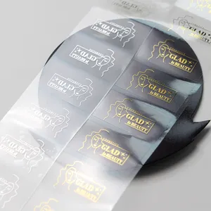 Etiqueta autoadhesiva transparente con logotipo personalizado, lámina dorada, pegatina de PVC impermeable con impresión de estampado en caliente para embalaje