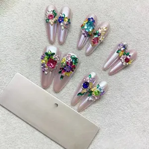 Fournisseur de salon de manucure produit professionnel ongles artificiels 10 pièces peint à la main 3d fleur couverture complète presse sur les ongles