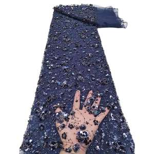 Tissu en dentelle de tulle épais et fin nigérian, brodé de fleurs brillantes dorées, de paillettes et de perles, écologique, pour robes de mariée, chaussures et sacs - Product Image 3