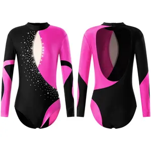 Kinderen Meisjes Lange Mouwen Open Back Glanzende Diamanten Versierd Mesh Patchwork Turnpakje Voor Dans Schaatsen Gymnastiek