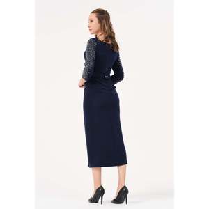 Robe élégante pour femme DANS, bleu marine, motif uni, coupe classique, col rond et manches longues, pour toutes les saisons - Product Image 4
