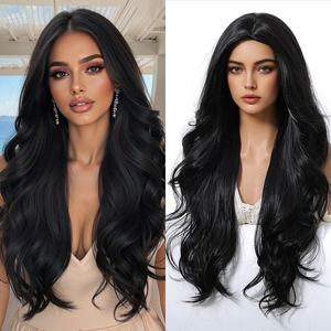 Peluca Larga Ondulada Negra de 28 Pulgadas con Raya al Medio, Ajustable, de Fibra Sintética Marrón Claro Resistente al Calor, Estilo Europeo, de Fábrica en Stock - Product Image 1