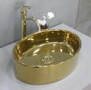 balcão pia do banheiro vaidade Suppliers-Oem lavabo arte de cerâmica de luxo, balcão oval bacia de banheiro bacia royal de ouro