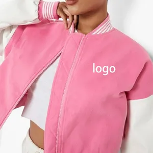 Logo personalizzato donna giacca in pile di lana rosa a buon mercato crop top in bianco pianura letterman baseball varsity giacche