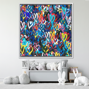 Printed Canvas Artwork: Banksy Love Hearts Graffiti Design,WHITE <b>FRAMED</b> CANVAS - Product Image 3