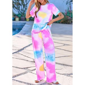 Women's <b>Tie</b> Dye Pajama Set Short Sleeve Knitted Lounge Wear Sleepwear Outfit Spring Summer 2 Piece Soft Comfortable Matching Set - Product Image 6