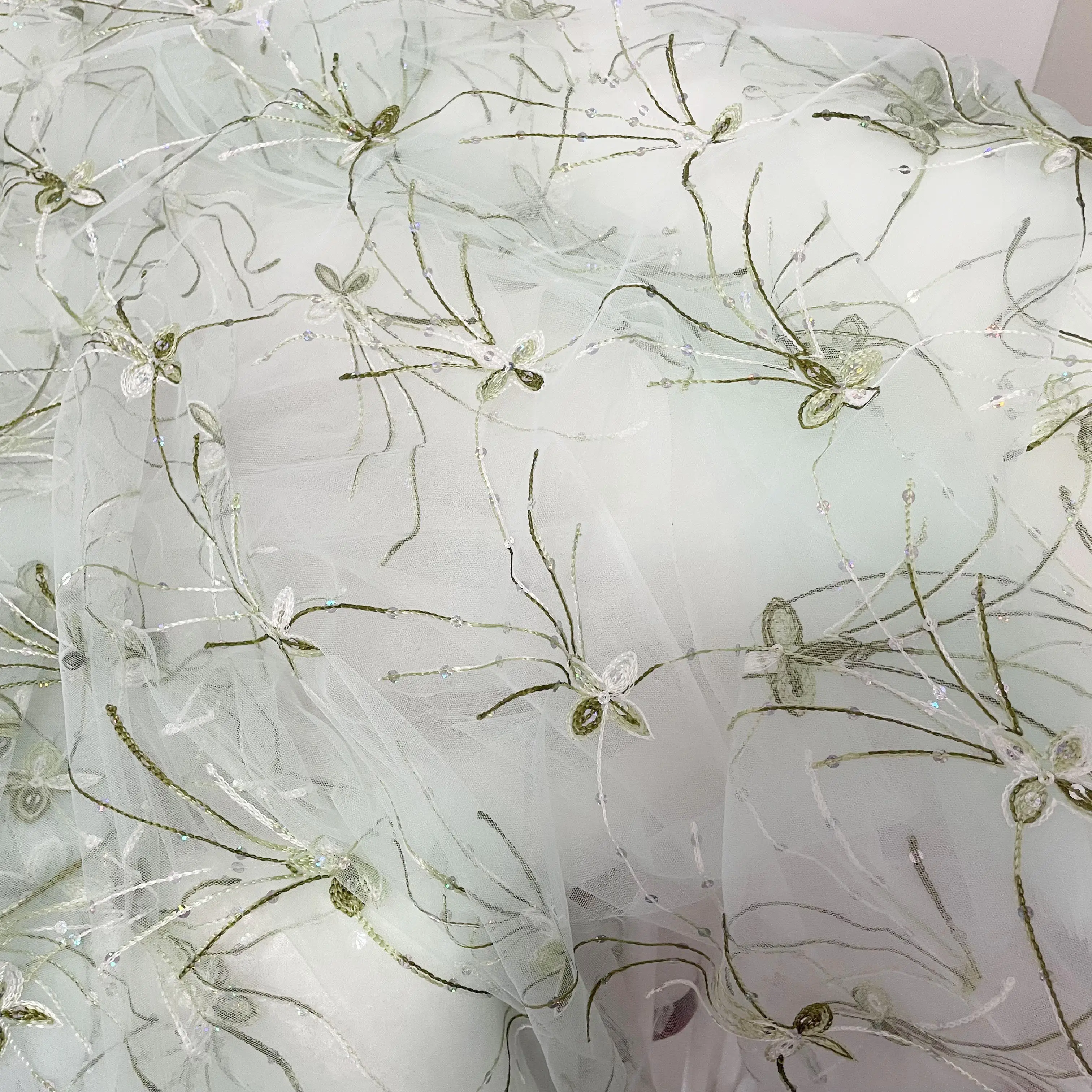 Вышивка для невесты DELACE, кружевная ткань с зелеными и белыми нитями для платья на заказ