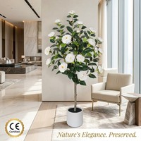 Jocoevol Arbre de Camélia Artificiel de 90 cm (3FT), Lot de 2, Haute Simulation, Pot en Plastique, 6.2"D X 5.1"W, Cadeau de Pendaison de Crémaillère et Anniversaire