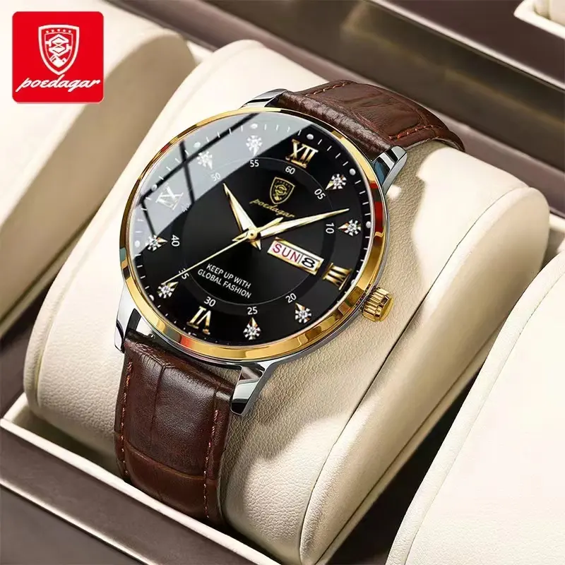 Мужские модные кварцевые часы poedender 836, высококачественные роскошные деловые повседневные водонепроницаемые светящиеся наручные часы с датой и кожаным ремешком для мужчин