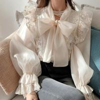 Chemisiers amples à manches évasées pour femmes, nouvelle collection automne, avec broderie de nœud papillon et dentelle florale, vente en gros