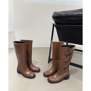 2023 automne hiver noir chevalier bottes pour femmes nouveau baril haut sous le genou mince boucle de ceinture PU semelle intérieure ronde chaussures de sécurité - Product Image 6