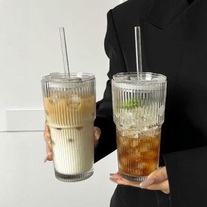 Ins Style High Appearance Eco-Friendly Modern Simple Design Glass Cup Lid Straw Vertical Striped Beverage Large Capacity Water - Product Image 1