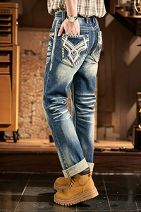 Heavy Stitch Men’s <b>Embroidered</b> Back pockets Stock Denim <b>Jeans</b> Mid Waist Washed Straight Leg fashion <b>jeans</b> - Product Image 3