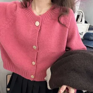महिलाओं के लिए निटवेअर वस्त्र निर्माता कोरियाई बुना हुआ टॉप सरल ओ गर्दन बुना हुआ स्वेटर बटन कार्डिगन जैकेट