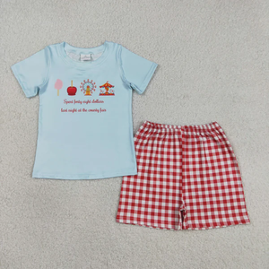 Conjunto de Camisa Azul de Manga Corta y Pantalones Cortos a Cuadros Rojos para Bebés y Niños - Product Image 2