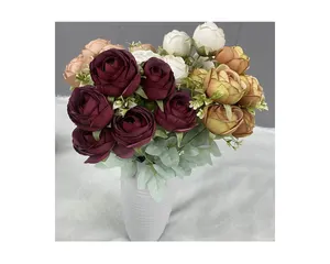 CC055 9头涂层玫瑰批发仿真绢花玫瑰花束屋室内摆件婚庆装饰玫瑰