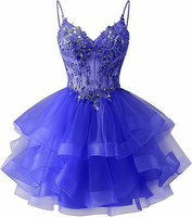 Robe de soirée rose en tulle à bretelles spaghetti, avec appliques en dentelle, courte, à volants étagés, pour bal de promo et fêtes, pour femme